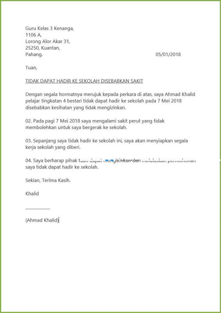 contoh surat tidak hadir ke sekolah