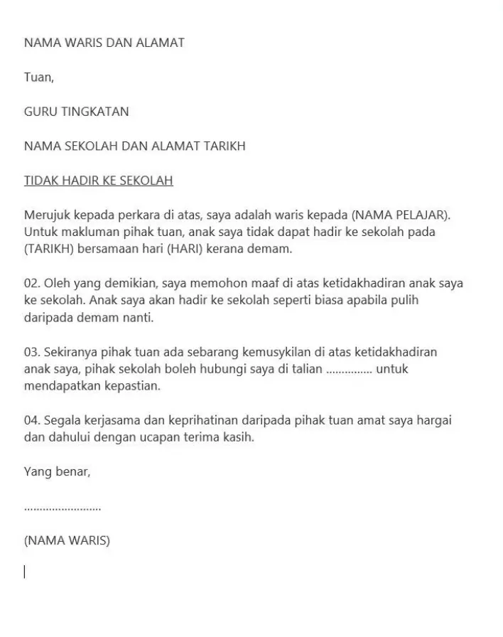contoh surat tidak hadir ke sekolah