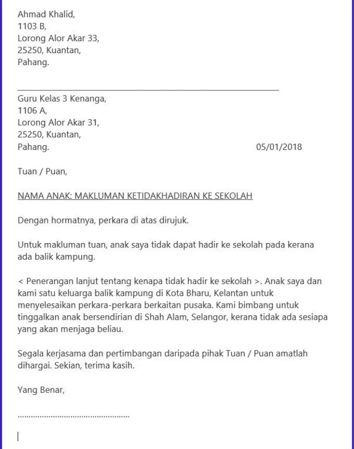 contoh surat tidak hadir ke sekolah