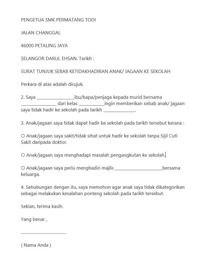 contoh surat tidak hadir ke sekolah